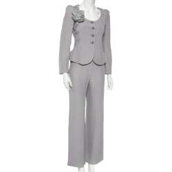 Pre Owned Armani Collezioni Grey Crepe Bow Detail Collarless Jacket & Straight Leg Trousers S