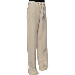 Pre Owned Armani Collezioni Beige Linen And Silk Wide Leg Trousers M