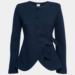 مملوكة مسبقًا Armani Collezioni Navy Blue Embossed Tie-Up Detail Blazer M