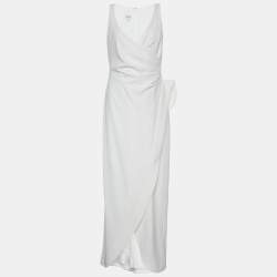 Pre Owned Armani Collezioni White Crepe Draped Sleeveless Faux Wrap Maxi Dress M
