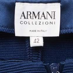 Pre Owned Armani Collezioni Navy Blue Knit Satin Trimmed Skirt Top Set M