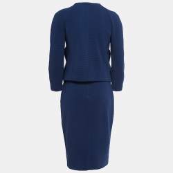 Pre Owned Armani Collezioni Navy Blue Knit Satin Trimmed Skirt Top Set M