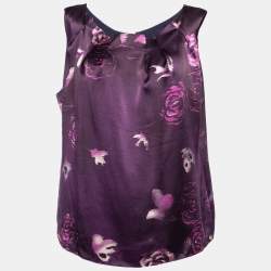 Pre Owned Armani Collezioni Purple Floral Print Silk Sleeveless Top L