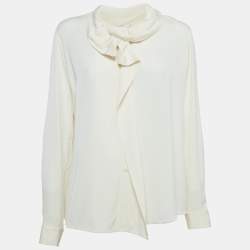 Armani Collezioni Off White Ruffled Satin Silk Shirt L