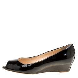 مملوكة مسبقًا Giuseppe Zanotti Black Patent Leather Wedge Heel Peep Toe Pumps Size 38.