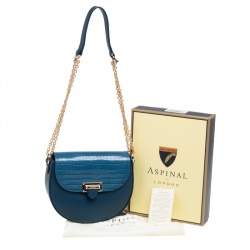 Pre Owned Aspinal Of London Blue Croc Embossed Leather And Leather Portobello Shoulder Bag