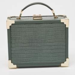 Aspinal of London Green Croc Embossed Leather Trinket Top Handle Bag 