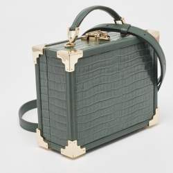 Aspinal of London Green Croc Embossed Leather Trinket Top Handle Bag 
