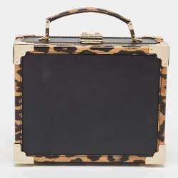 Aspinal Of London Black/Beige Leopard Print Leather Trunk Top Handle Bag