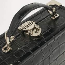 Aspinal Of London Black Croc Embossed Leather Trunk Top Handle Bag