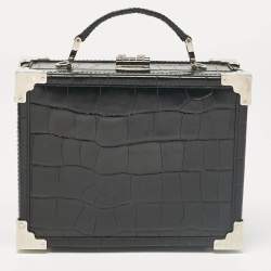 Aspinal Of London Black Croc Embossed Leather Trunk Top Handle Bag