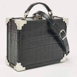 Aspinal Of London Black Croc Embossed Leather Trunk Top Handle Bag