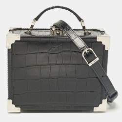 Aspinal Of London Black Croc Embossed Leather Trunk Top Handle Bag