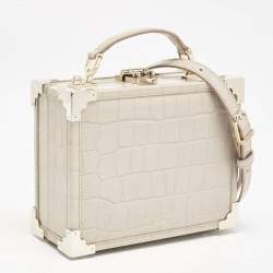 Aspinal Of London Light Beige Croc Embossed Leather Trunk Top Handle Bag
