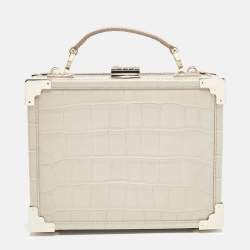 Aspinal Of London Light Beige Croc Embossed Leather Trunk Top Handle Bag
