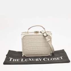 Aspinal Of London Light Beige Croc Embossed Leather Trunk Top Handle Bag