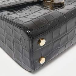 Aspinal Of London Black Croc Embossed Leather Mayfair Top Handle Bag
