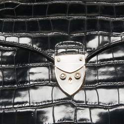 Aspinal Of London Black Croc Embossed Leather Mayfair Top Handle Bag