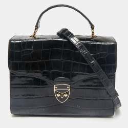 Aspinal Of London Black Croc Embossed Leather Mayfair Top Handle Bag