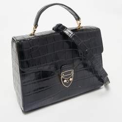 Aspinal Of London Black Croc Embossed Leather Mayfair Top Handle Bag