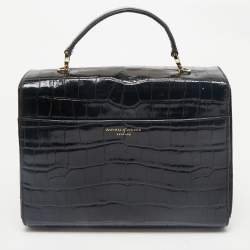 Aspinal Of London Black Croc Embossed Leather Mayfair Top Handle Bag