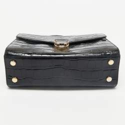 Aspinal Of London Black Croc Embossed Leather Mayfair Top Handle Bag