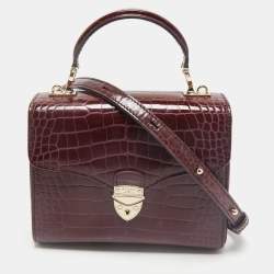 Aspinal of London Burgundy Croc Embossed Leather Small Mayfair Top Handle Bag