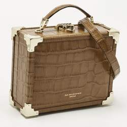 Aspinal Of London Tan Croc Embossed Leather Trunk Top Handle Bag