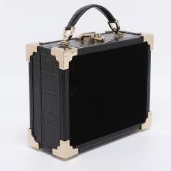 Pre Owned Aspinal of London Black Croc Embossed Leather and Velvet Trinket Top Handle Bag 