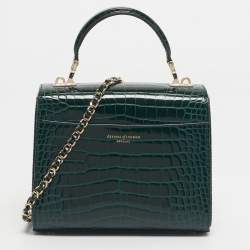 Pre Owned Aspinal of London Green Croc Embossed Patent Leather Small Mayfair Top Handle Bag