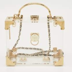Pre Owned Aspinal Of London Gold/Clear Acrylic Trunk Top Handle Bag