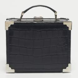 Pre Owned Aspinal Of London Black Croc Embossed Leather Trunk Top Handle Bag