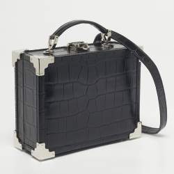 Pre Owned Aspinal Of London Black Croc Embossed Leather Trunk Top Handle Bag