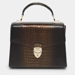 Pre Owned Aspinal Of London Mayfair Black/Gold Croc Embossed Leather Top Handle Bag