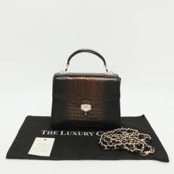 Pre Owned Aspinal Of London Mayfair Black/Gold Croc Embossed Leather Top Handle Bag