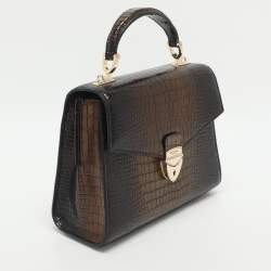 Pre Owned Aspinal Of London Mayfair Black/Gold Croc Embossed Leather Top Handle Bag