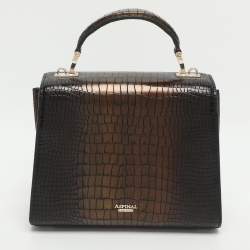 Pre Owned Aspinal Of London Mayfair Black/Gold Croc Embossed Leather Top Handle Bag