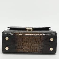 Pre Owned Aspinal Of London Mayfair Black/Gold Croc Embossed Leather Top Handle Bag