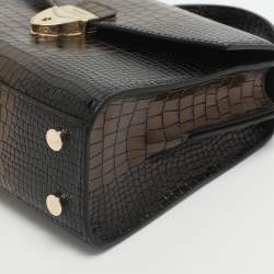 Pre Owned Aspinal Of London Mayfair Black/Gold Croc Embossed Leather Top Handle Bag