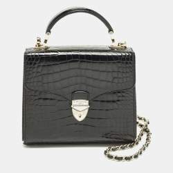 Pre Owned Aspinal of London Mayfair Small Black Croc Embossed Patent Leather Top Handle Bag