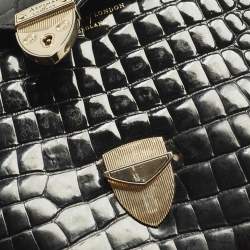Pre Owned Aspinal of London Mayfair Small Black Croc Embossed Patent Leather Top Handle Bag