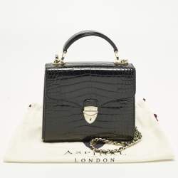Pre Owned Aspinal of London Mayfair Small Black Croc Embossed Patent Leather Top Handle Bag