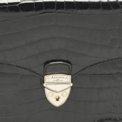 Pre Owned Aspinal of London Mayfair Small Black Croc Embossed Patent Leather Top Handle Bag