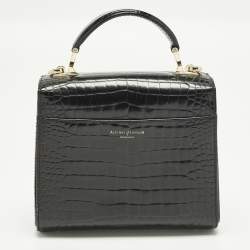 Pre Owned Aspinal of London Mayfair Small Black Croc Embossed Patent Leather Top Handle Bag