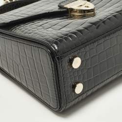 Pre Owned Aspinal of London Mayfair Small Black Croc Embossed Patent Leather Top Handle Bag