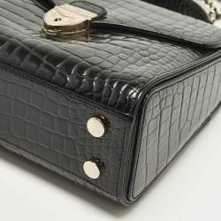 Pre Owned Aspinal of London Mayfair Small Black Croc Embossed Patent Leather Top Handle Bag