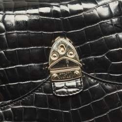Pre Owned Aspinal of London Mayfair Small Black Croc Embossed Patent Leather Top Handle Bag