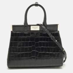 Pre Owned Aspinal Of London Florence Snap Small Black Croc Embossed Leather Tote