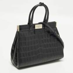 Pre Owned Aspinal Of London Florence Snap Small Black Croc Embossed Leather Tote