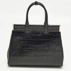 Pre Owned Aspinal Of London Florence Snap Small Black Croc Embossed Leather Tote